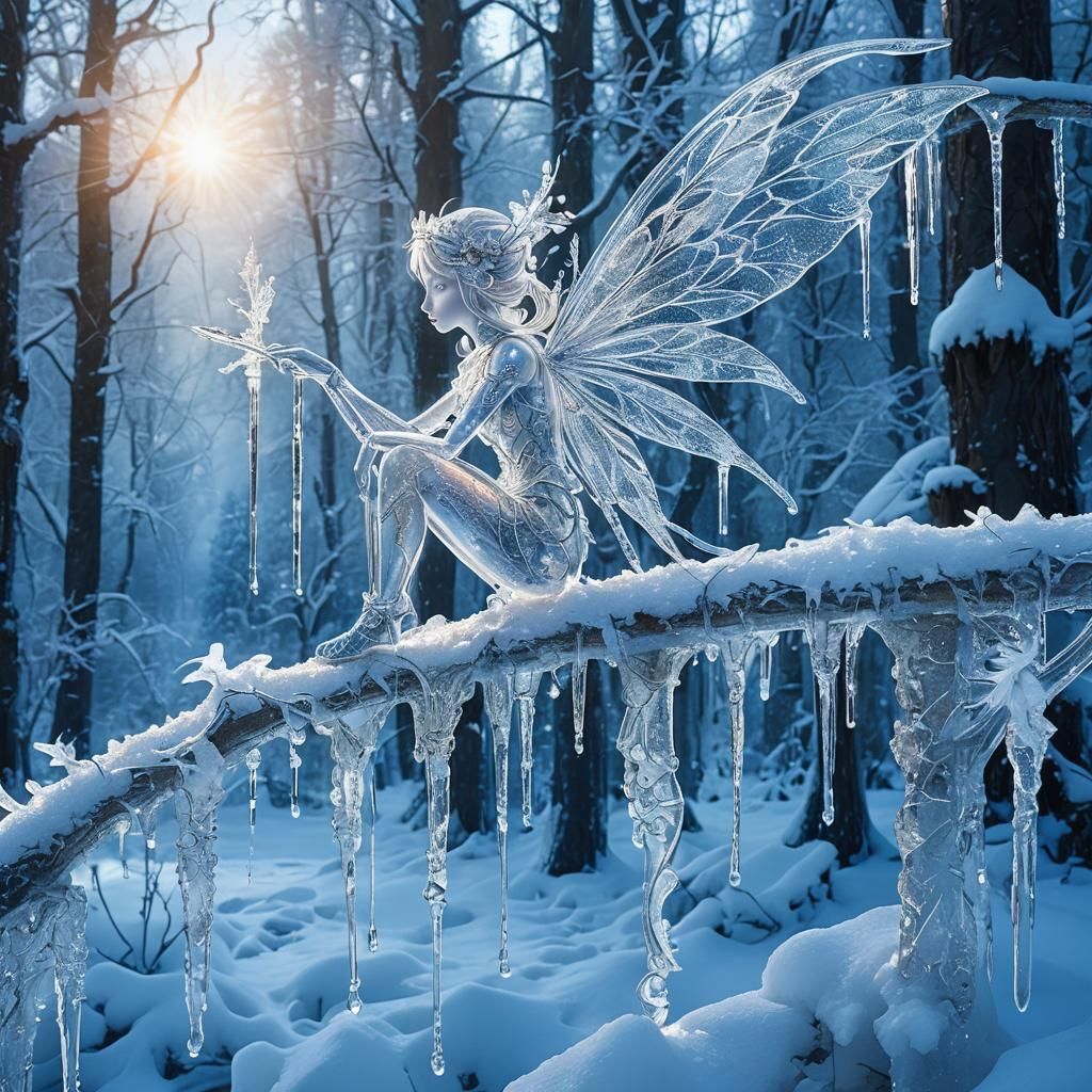 Zarte Eisfee im frostigen Winterwald: Sonnenlicht auf ihren Flügeln”