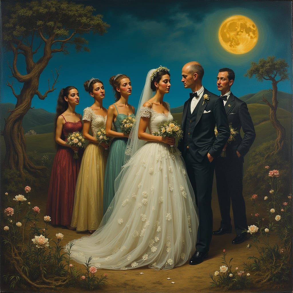Surrealist Wedding Celebration in Vibrant, Moonlit Landscape
