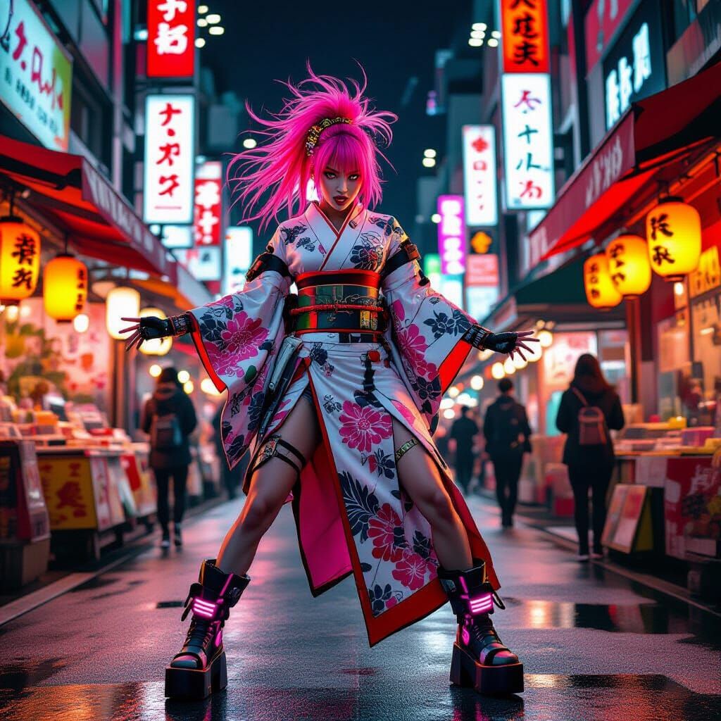 Cyberpunk Dancer in Neon Tokyo Market, Ink Art Style