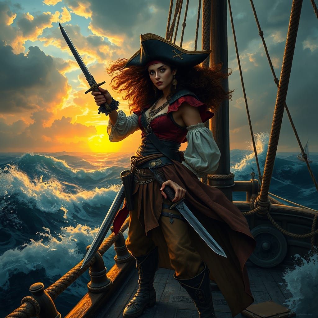 Pirate Queen Stands Heroically on Vintage Galleon Amidst Sto...