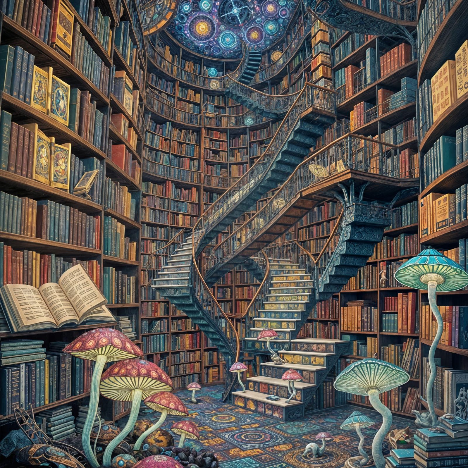 Dreamlike Library of Impossible Staircases and Floating Book...