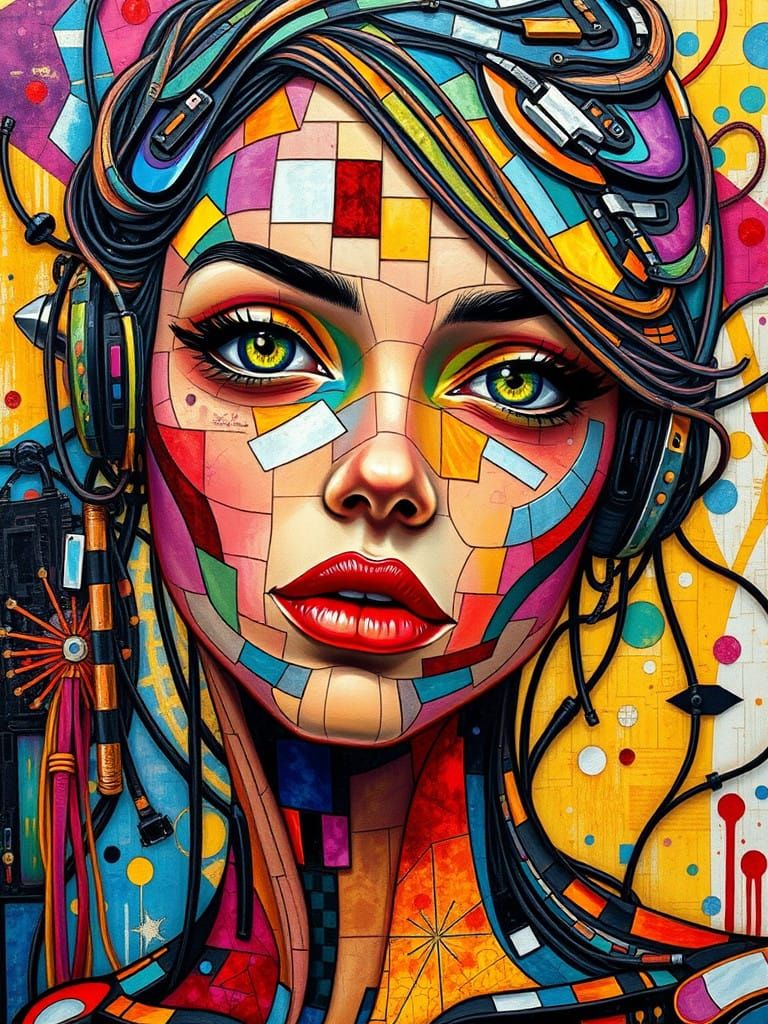 Lady Cyborg in Vibrant Glass and Swirling Patterns