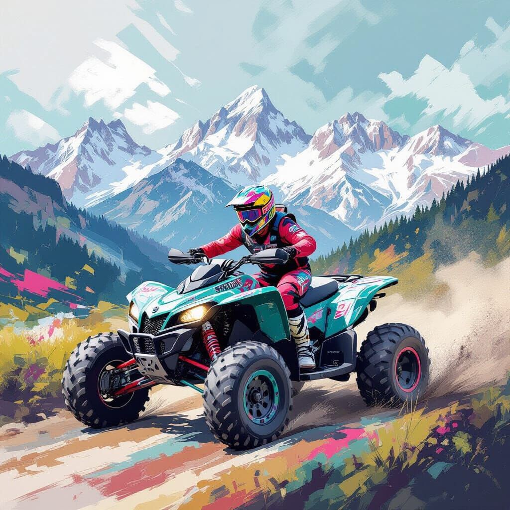 Quad Bike at All-Terrain Race in Mixed Media Style