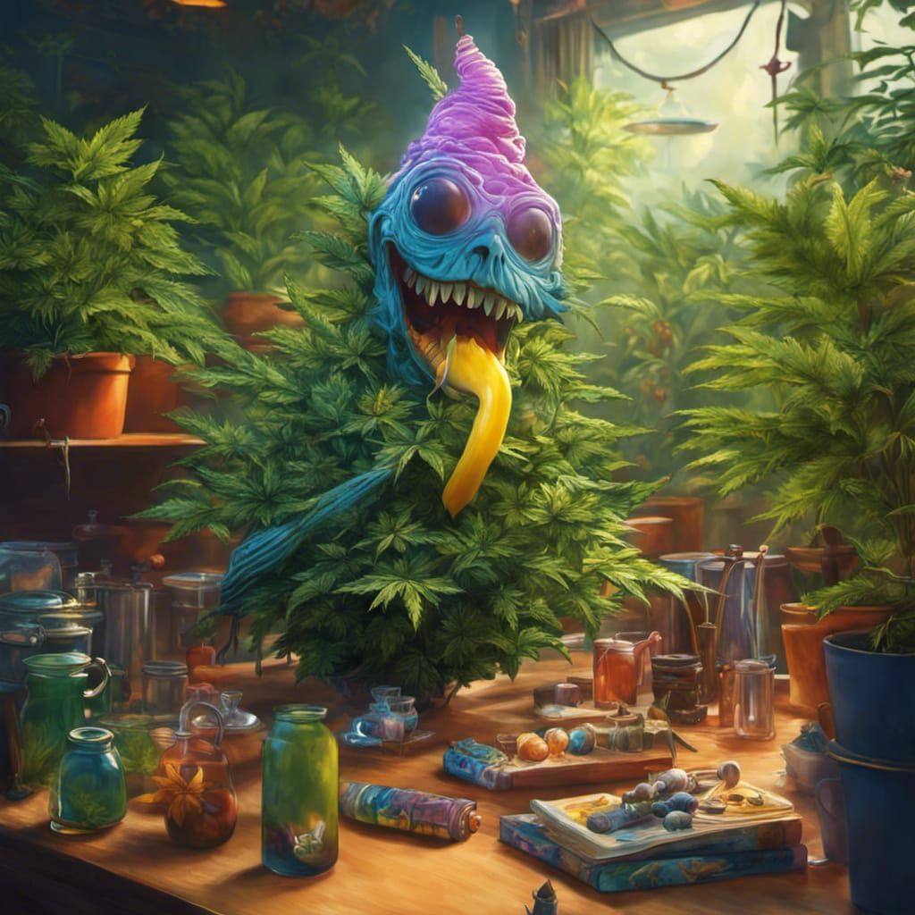 Psychedelic Anthropomorphic Marijuana Plant Offering Free Do...