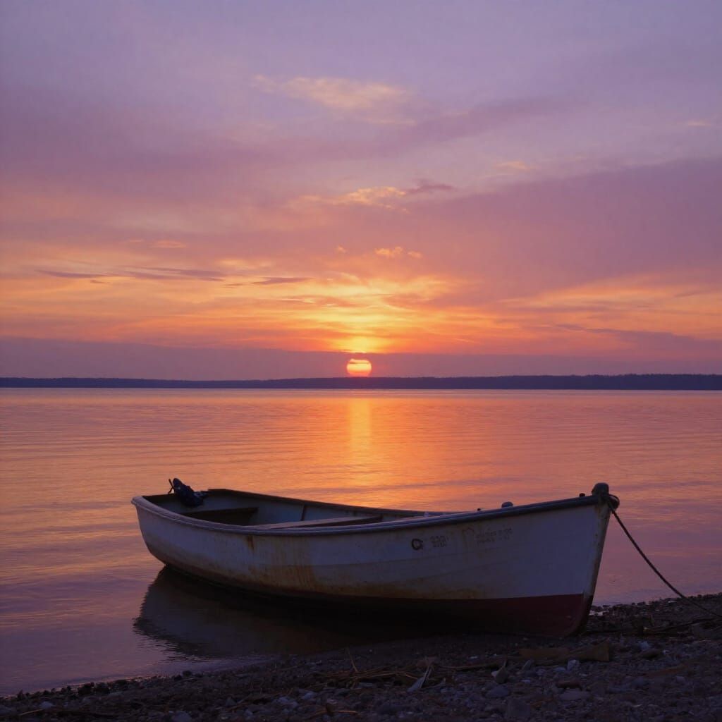 Fishing Boat Sunset Reflection Realistic Landscape Painting