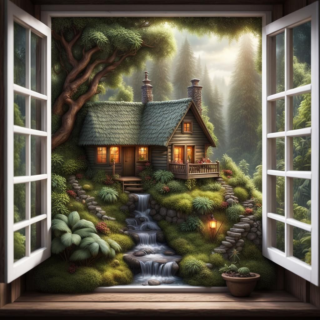 Detailed Miniature Forest Cabin on Window Shelf