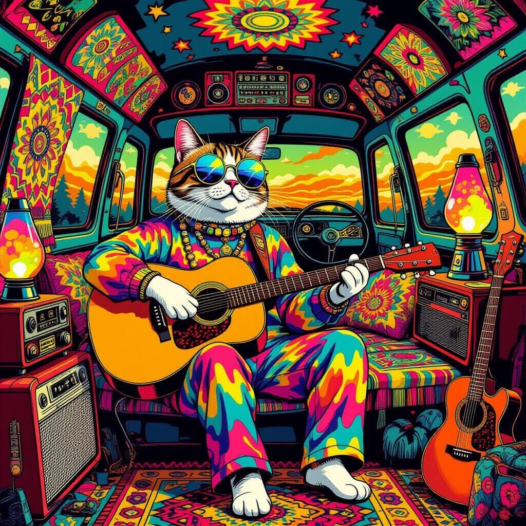 Psychedelic Cat Strums Guitar in Groovy 1960s Van