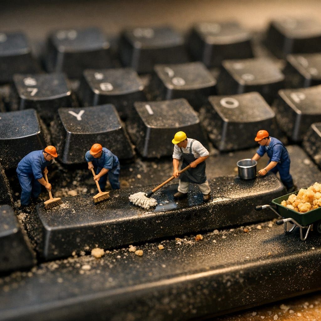 Tiny Workers Cleaning Giant Dusty Keyboard