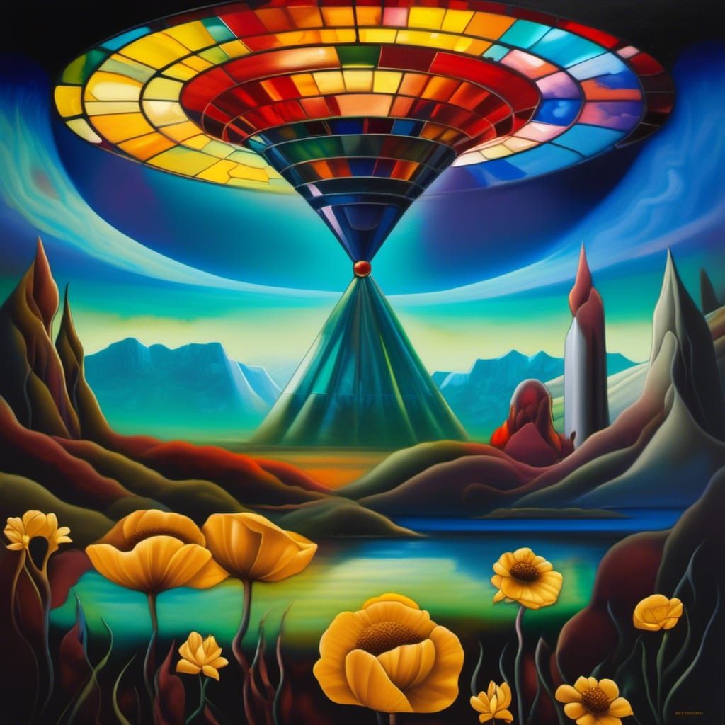 Surreal Stained Glass UFO in Hyperrealistic Landscape