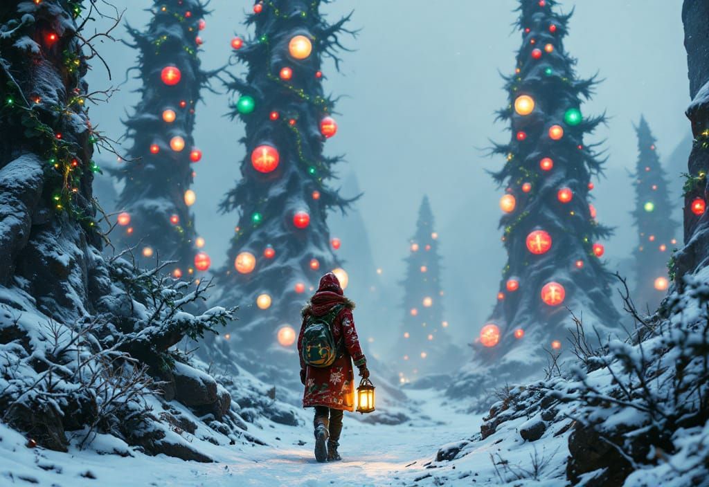 Festive Figure in Alien Christmas Wonderland