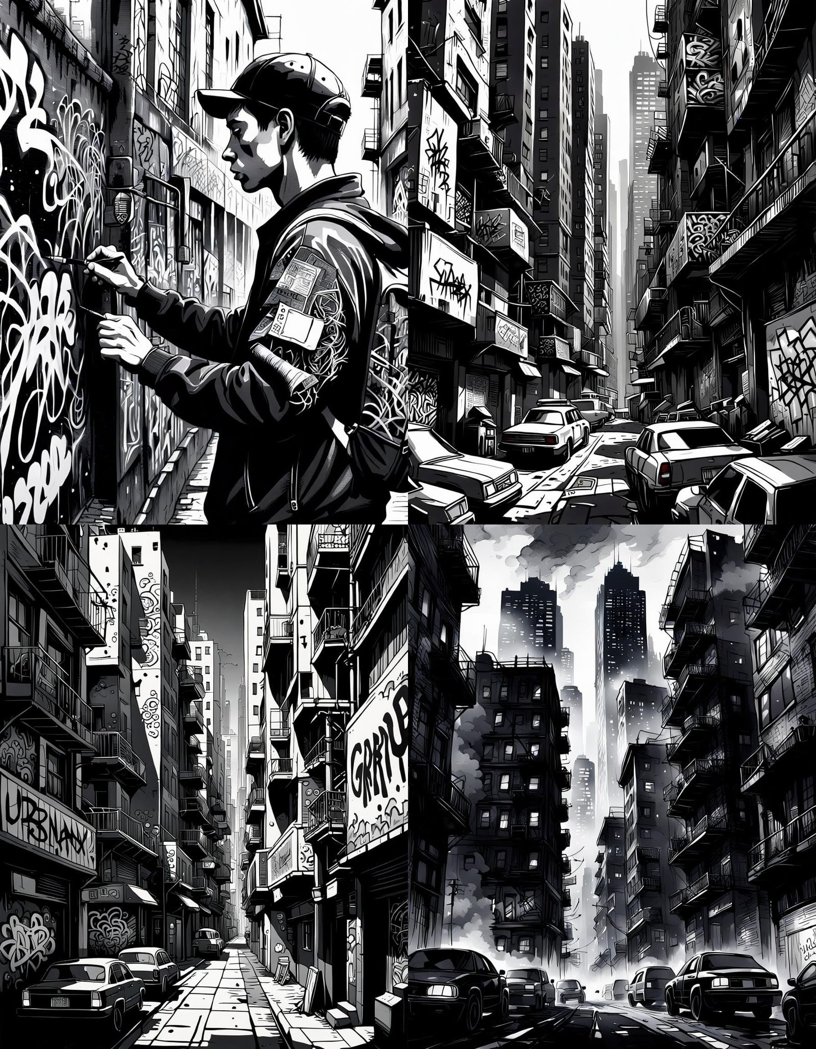 Intricate Black and White Graffiti Cityscape Illustration