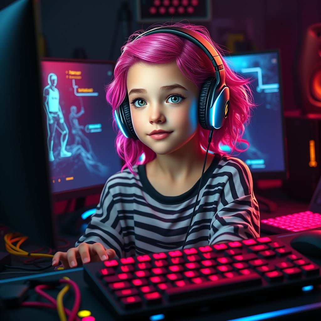 Girl in Front of Futuristic Gaming Setup with Neon Accents