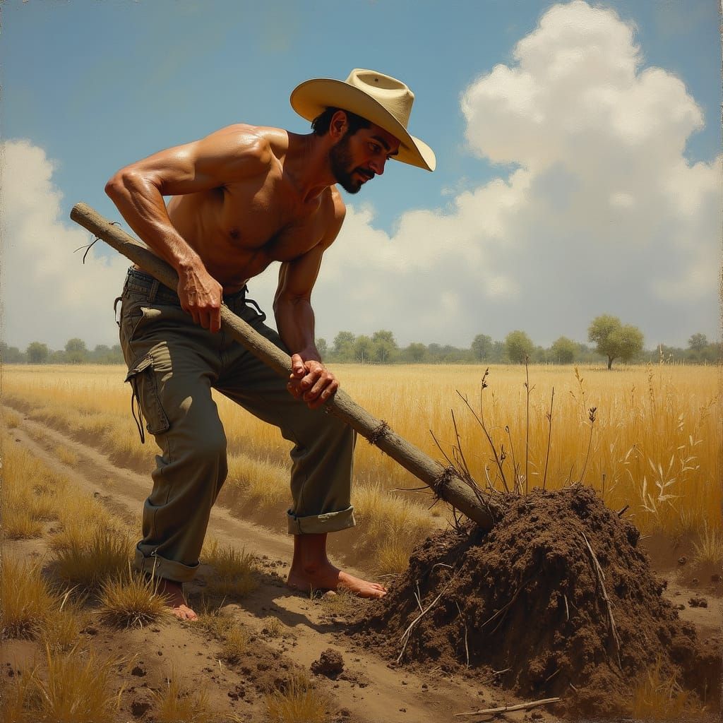 Country Man Plowing Under Grueling Sun, Oil Painting