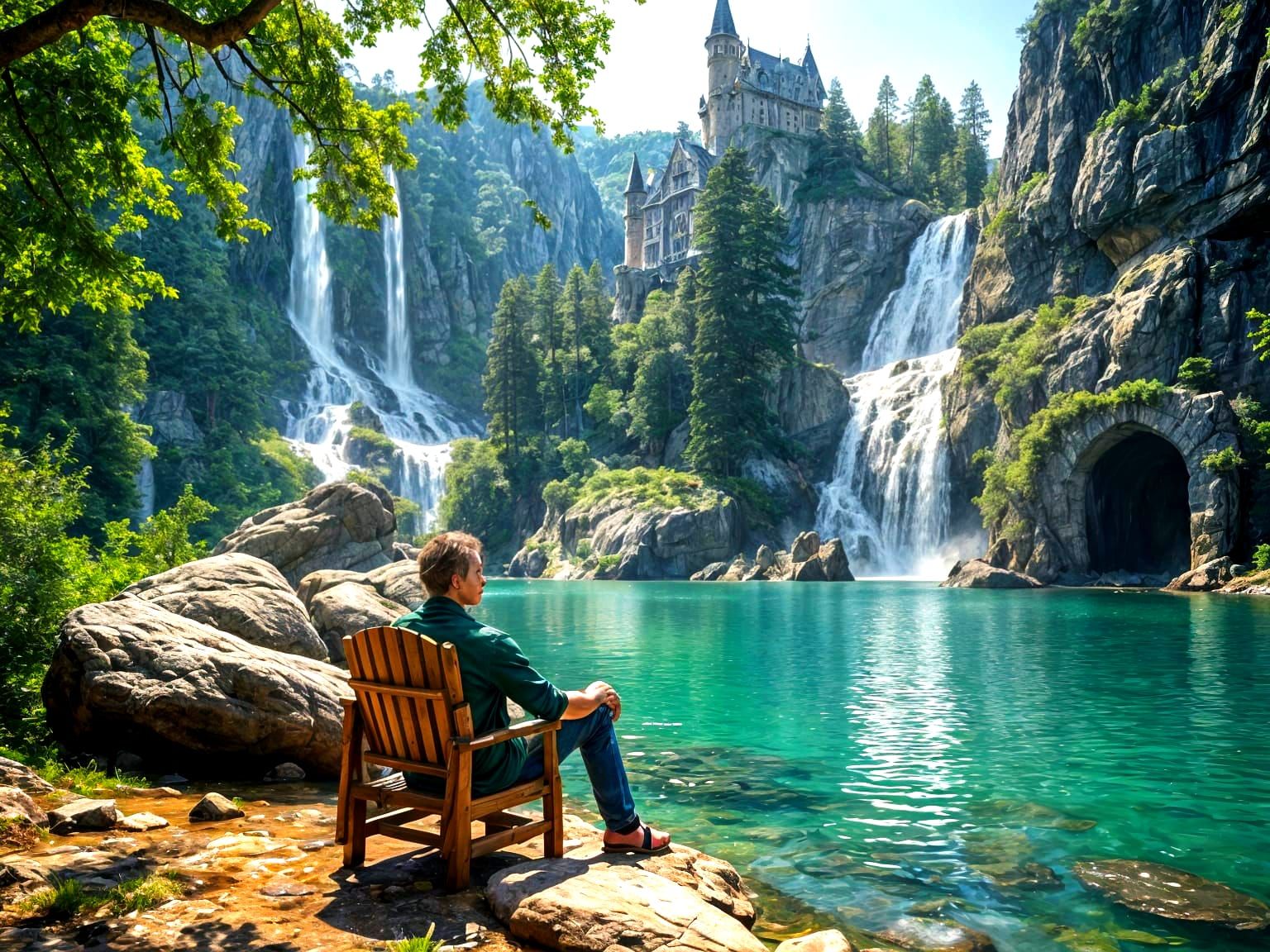 Man at Tranquil Lake with Fantasy Castle Landscape