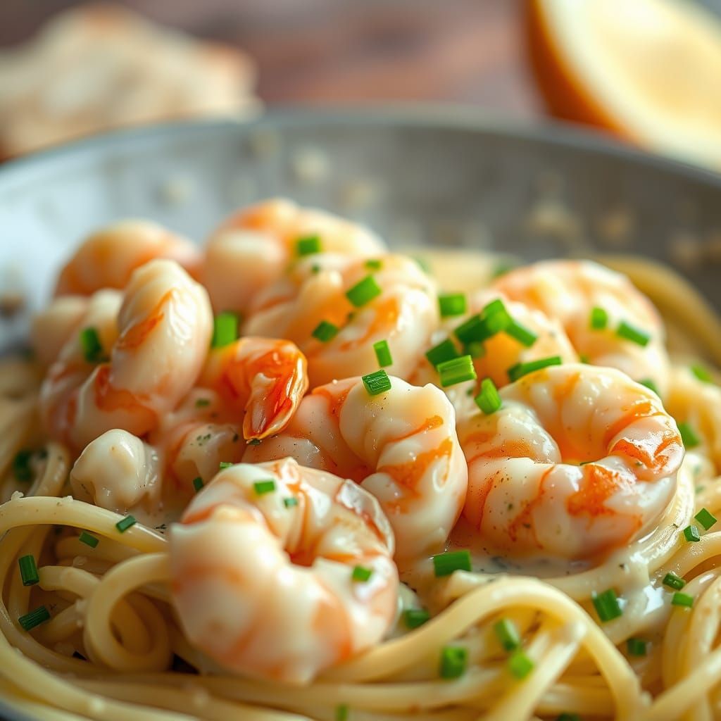 Hyper-Realistic Shrimp Alfredo Close-Up