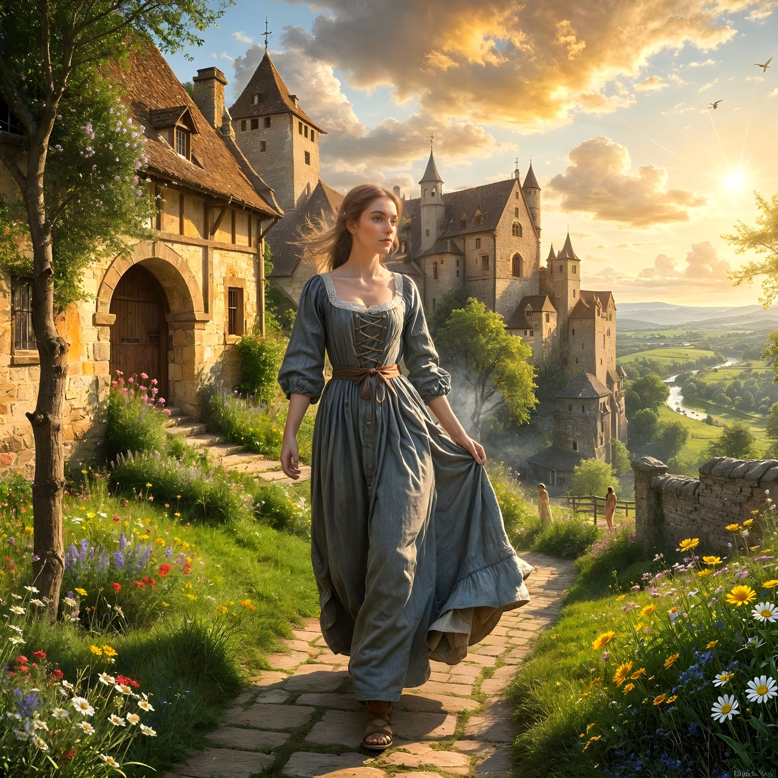 Medieval Maiden in a Vibrant Spring Landscape