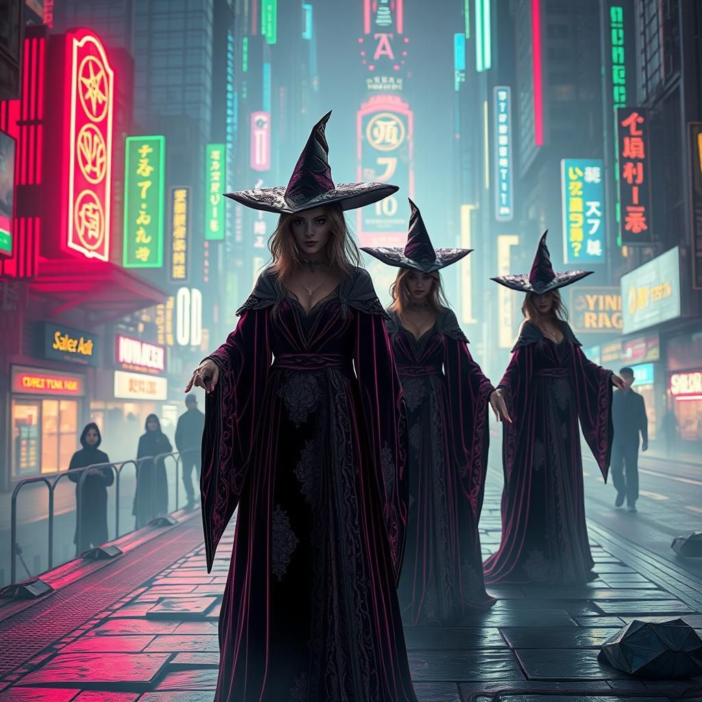 Ethereal Witches in Cyberpunk Dystopia, Dark Fantasy Art