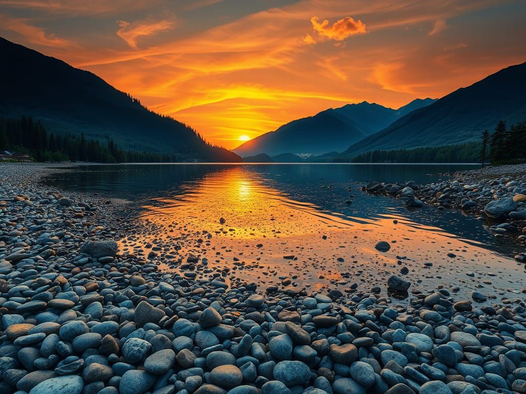 Surreal Sunset Lake Mosaic in Vibrant Pebble Tesselation
