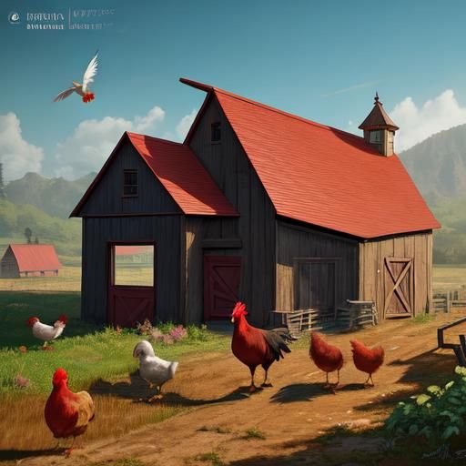 Proud Cartoon Rooster in Farmyard Setting