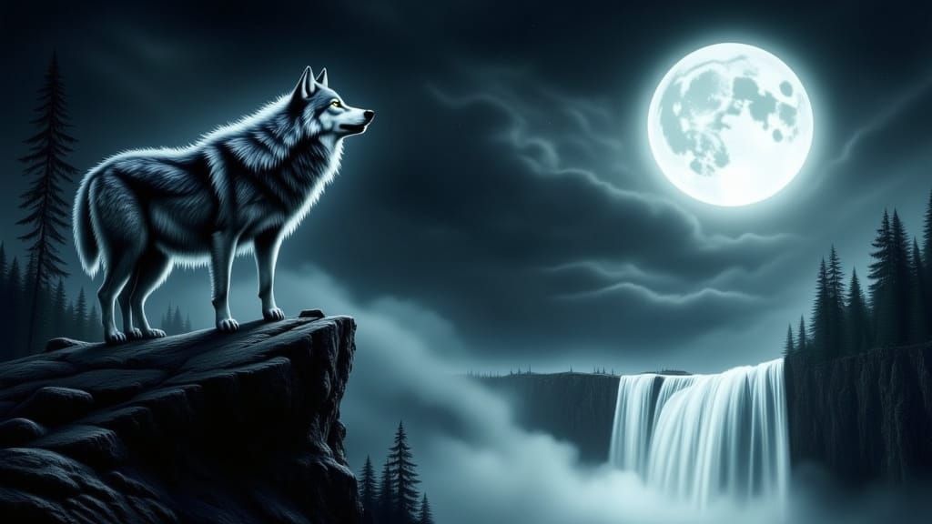 Massive Wolf Howling at Moonlit Waterfall