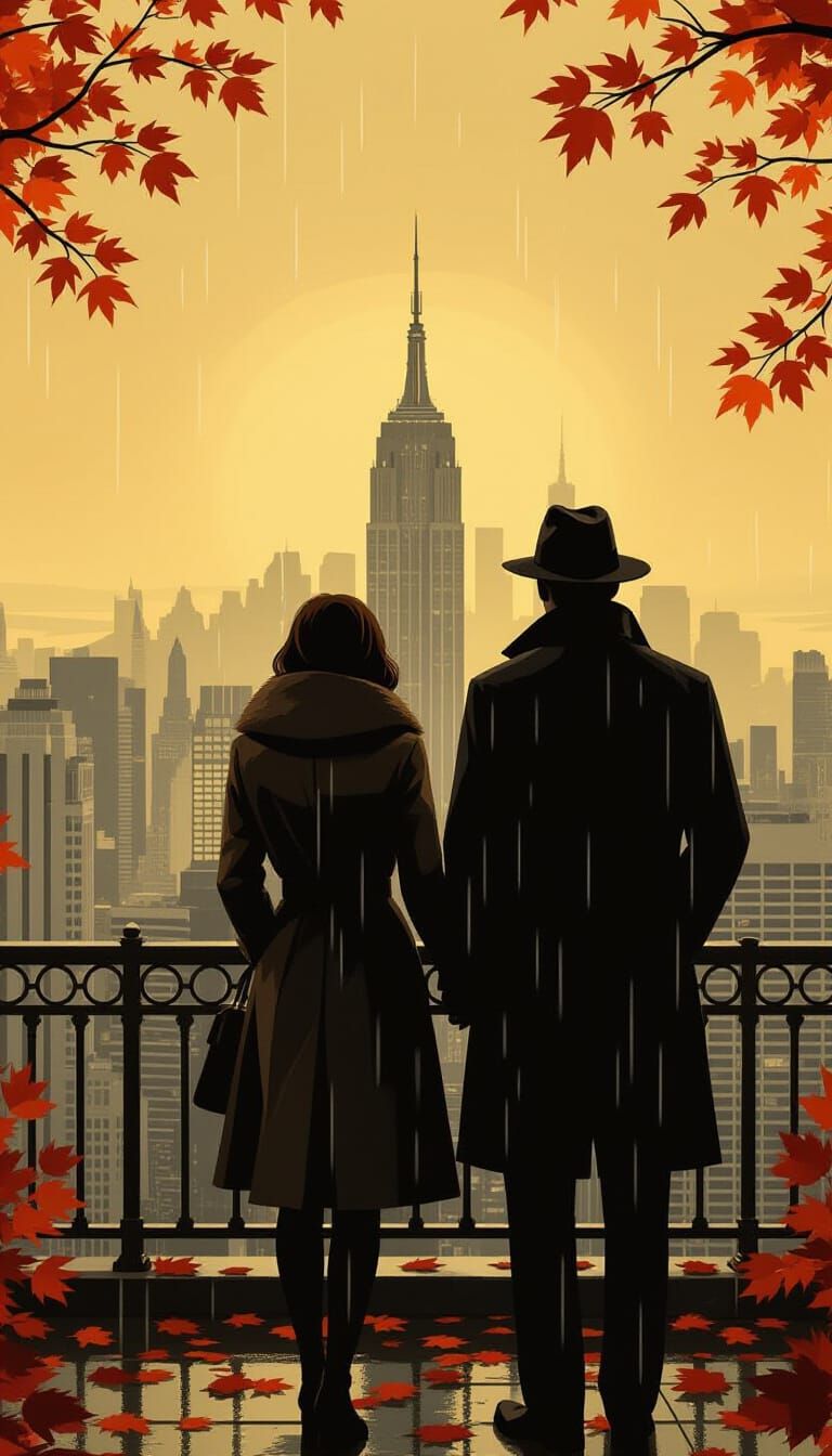 Couple Overlooking Moody Cityscape in Noir Style