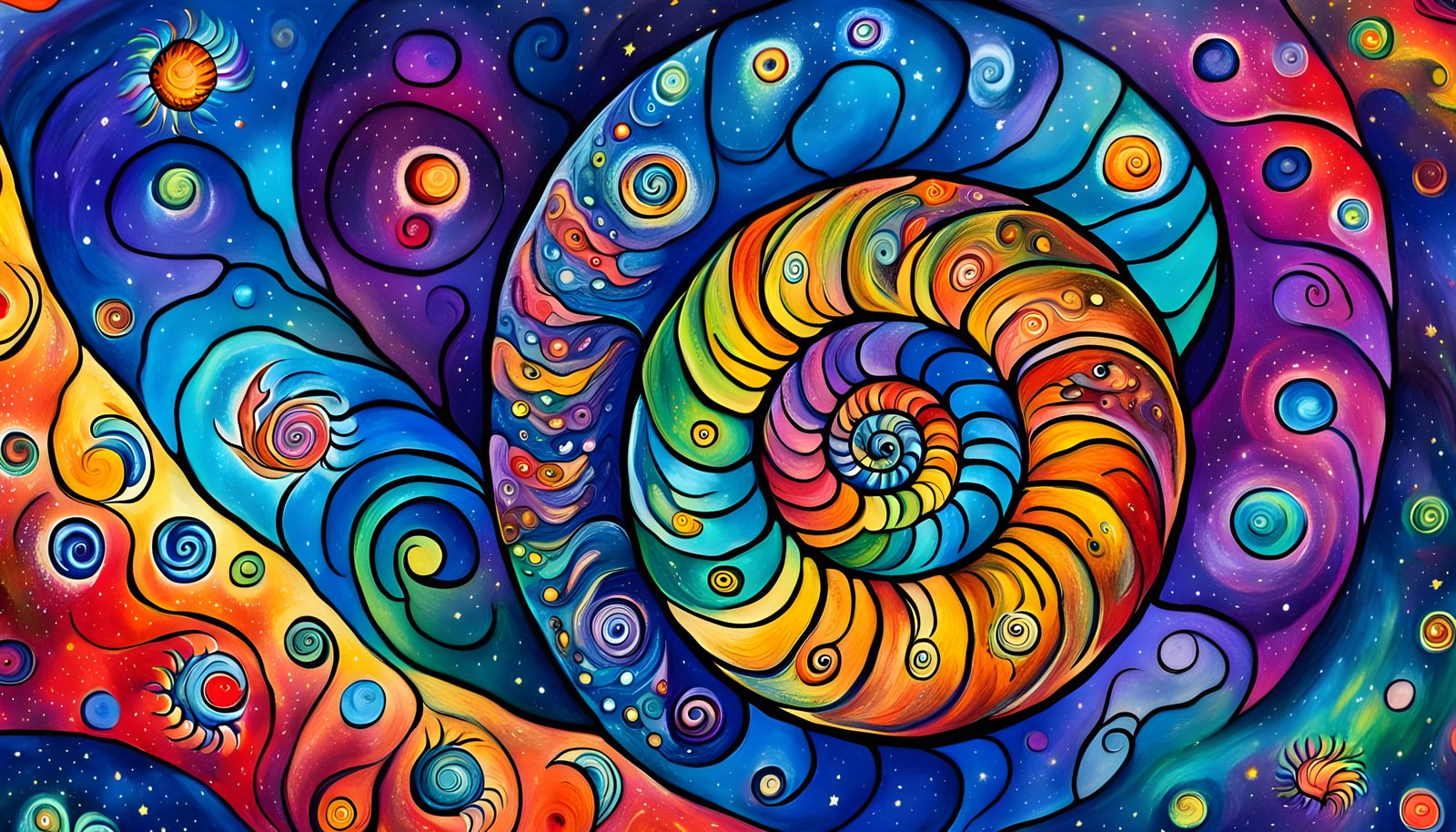Cosmic Ammonite Swirls in Vibrant Rainbow Hues
