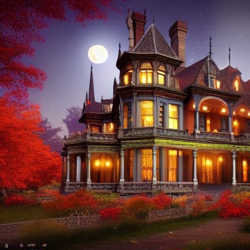 Victorian Mansion in Autumn Moonlight: Detailed Fantasy Art