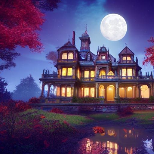 Victorian Mansion in Autumn Moonlight: Detailed Matte Painti...