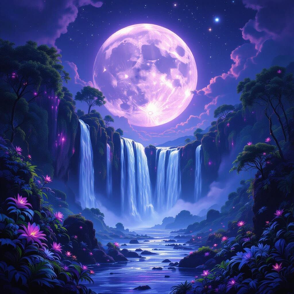 Purple Moon Waterfall on Alien Planet with Glowing Flowers