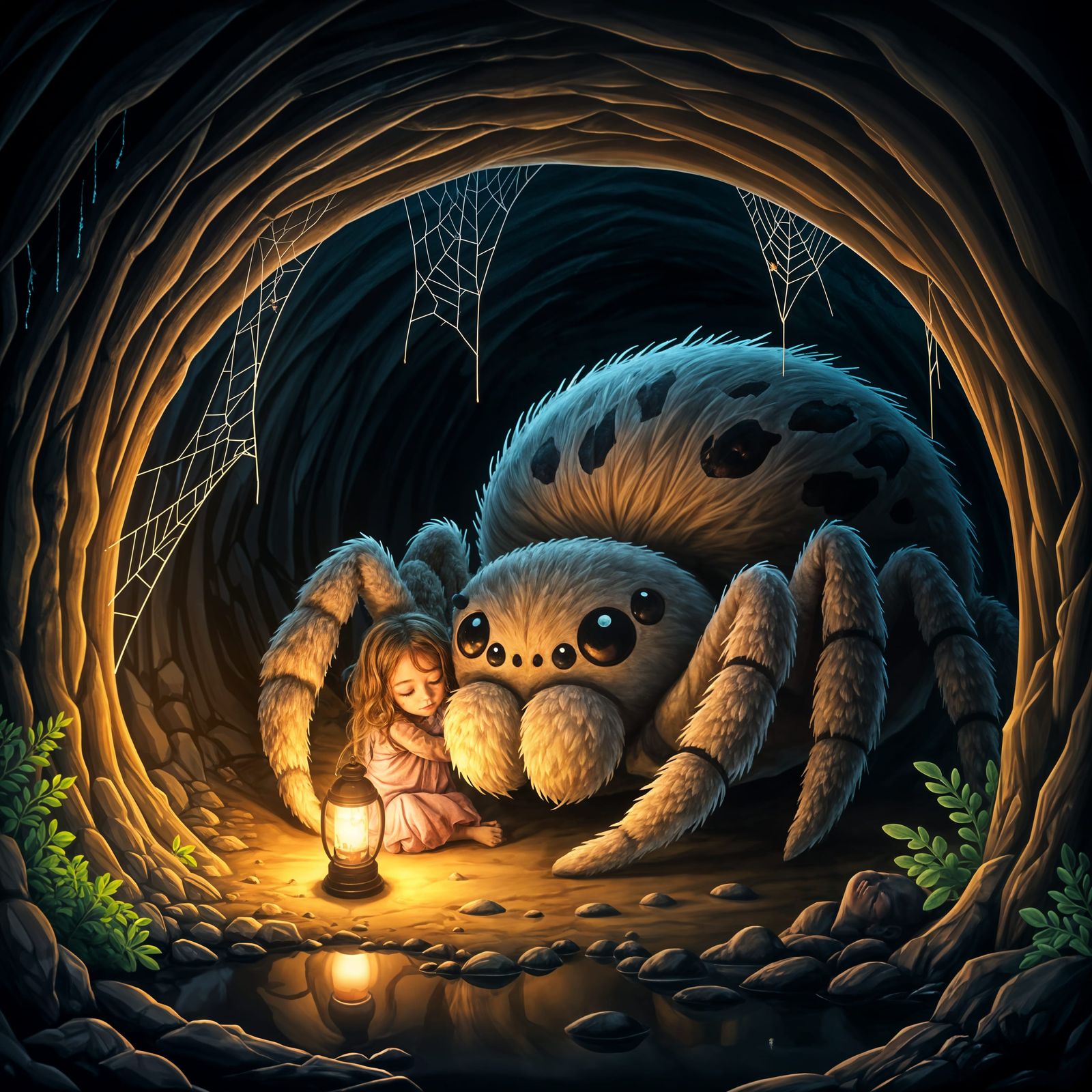 Girl Cuddling with Giant Spider in Cave
