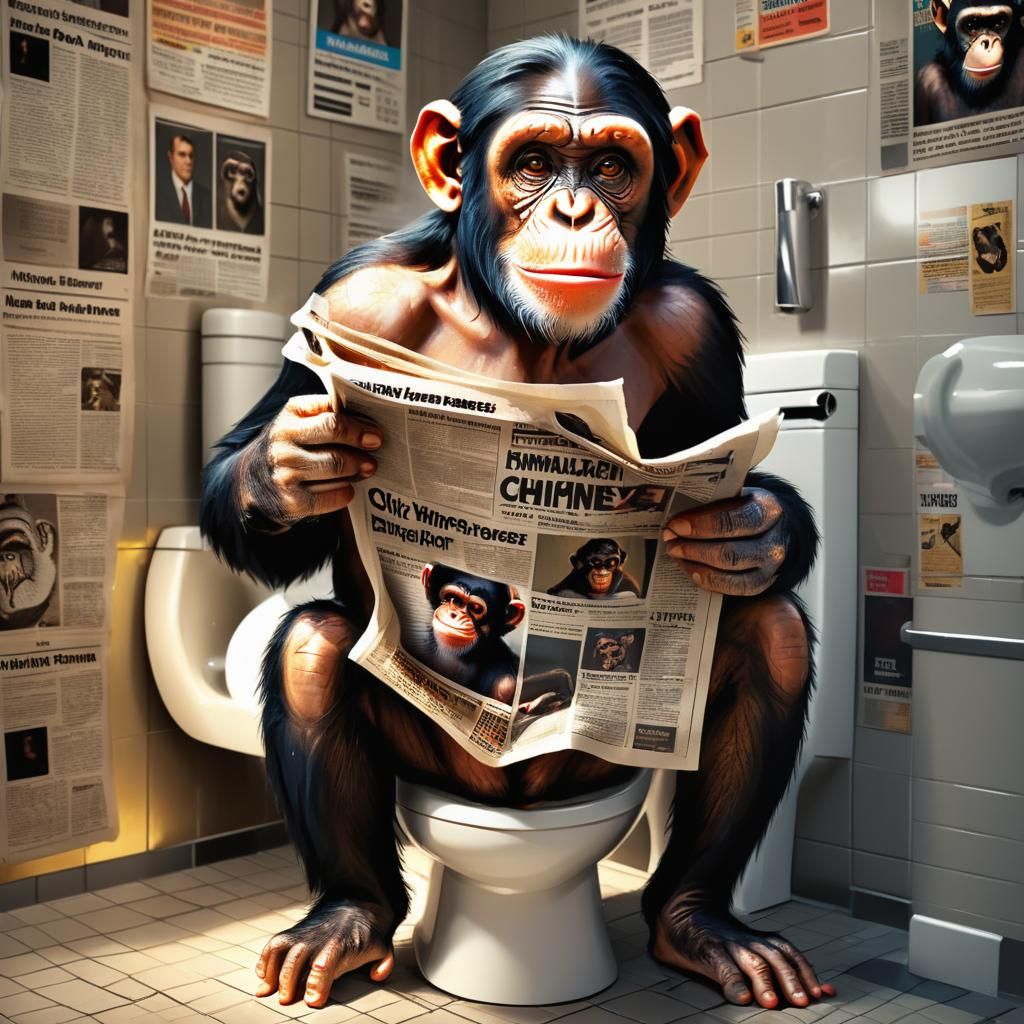 Chimpanzee on Toilet Reading Newspaper in Pop Art