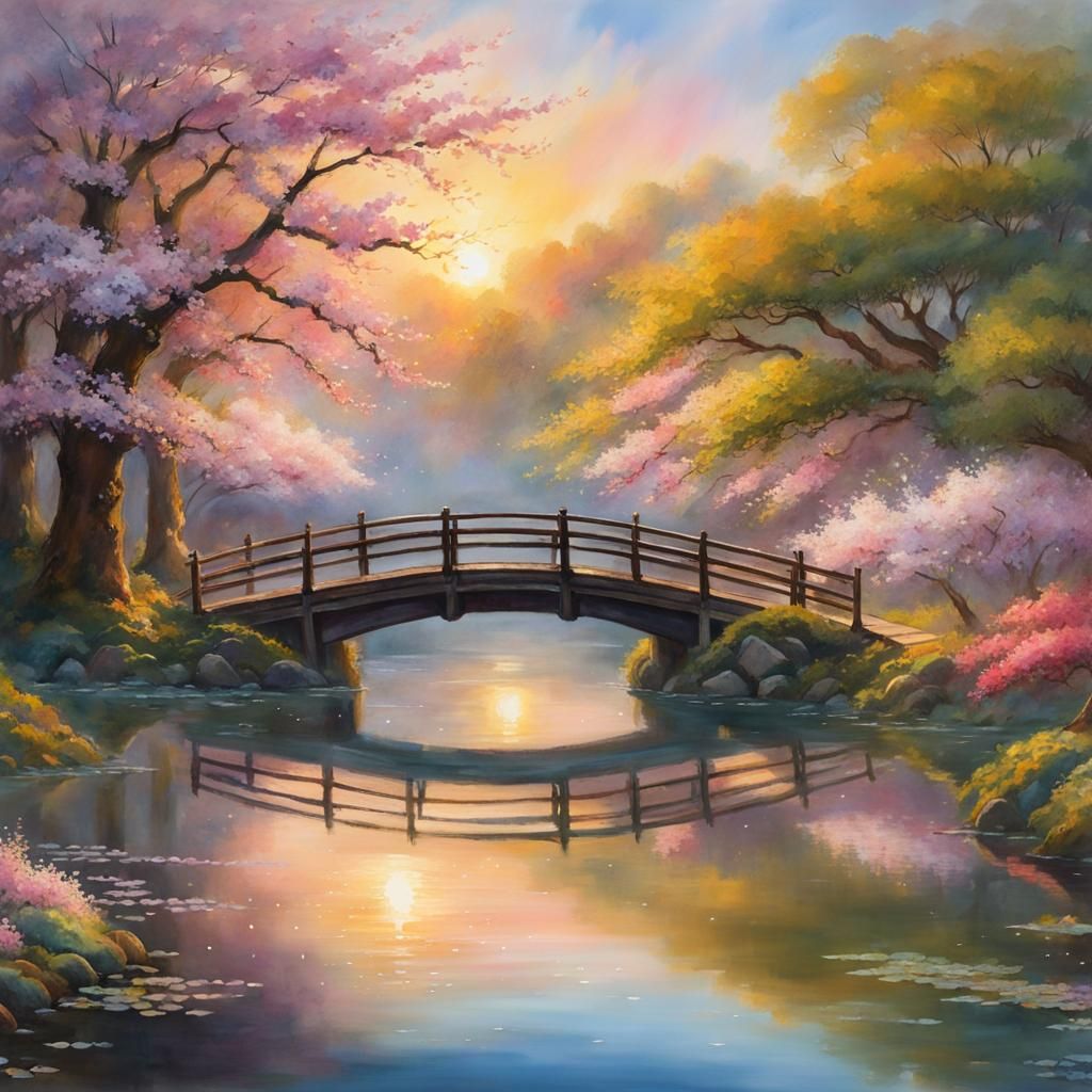 Japanese Bridge Sunrise in Watercolor Style