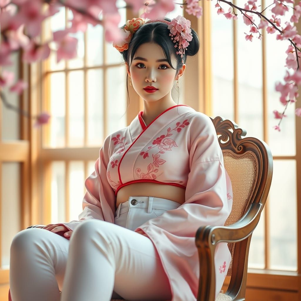 Photorealistic Geisha in Modern Attire with Cherry Blossoms