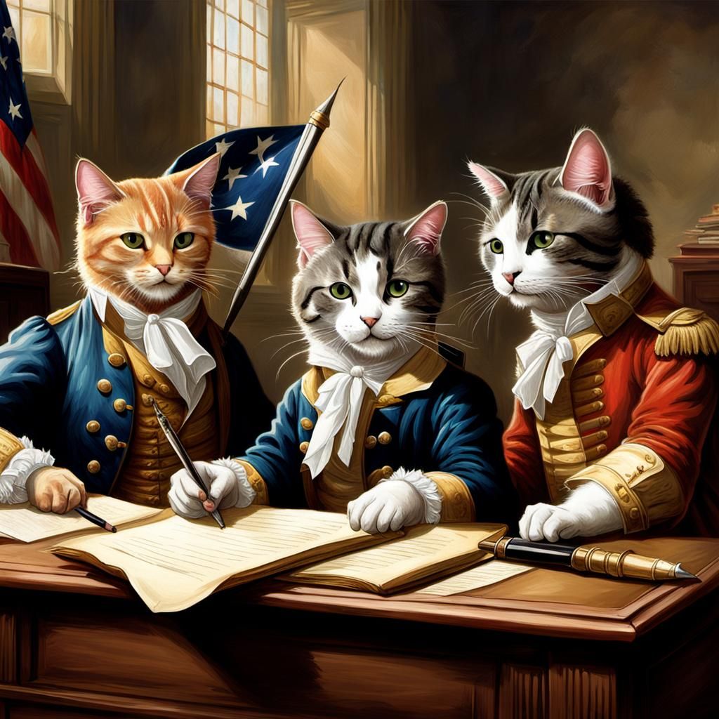 Cool cats signing the Declaration of Independence with a bal...
