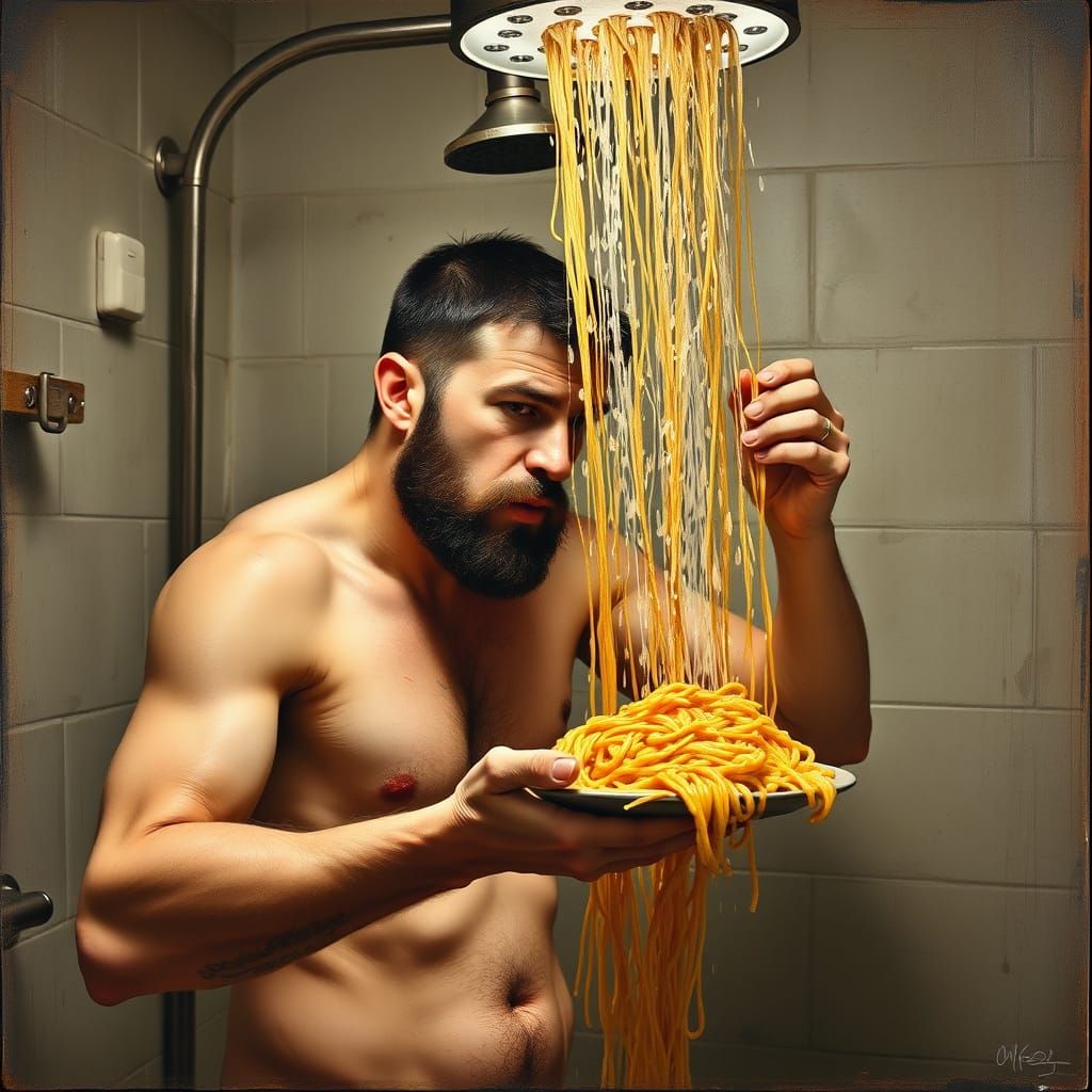 Man Taking Spaghetti Shower in Detailed Painting