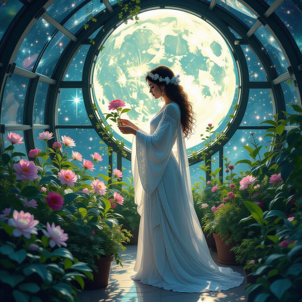 Celestial Gardener Cultivating Stardust Blooms in Art Nouvea...