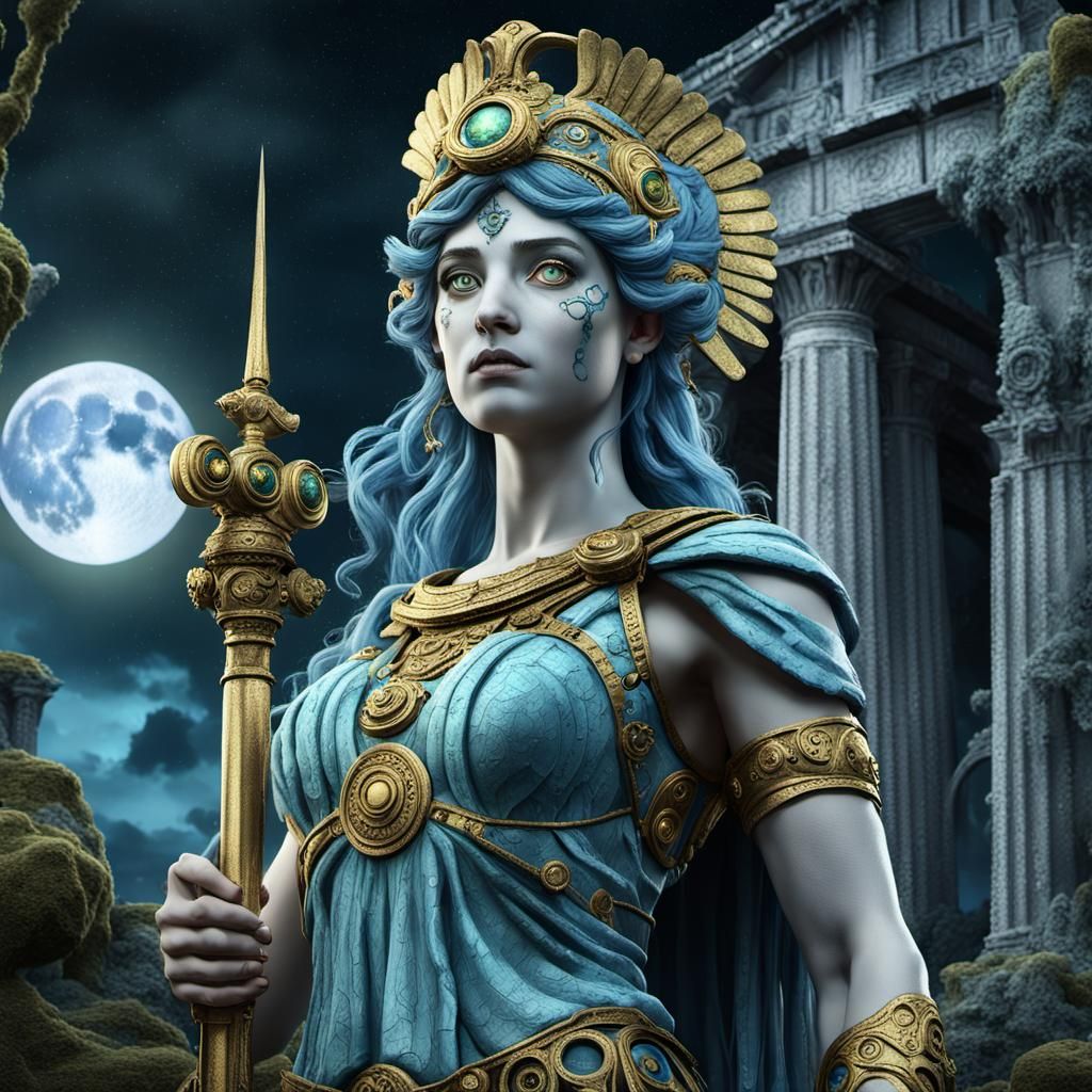 Athena in Mystical Forest: Steampunk Digital Art