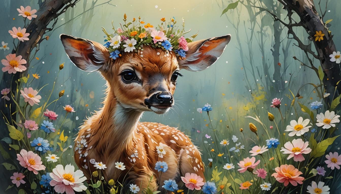 Watercolor Fawn with Floral Crown
