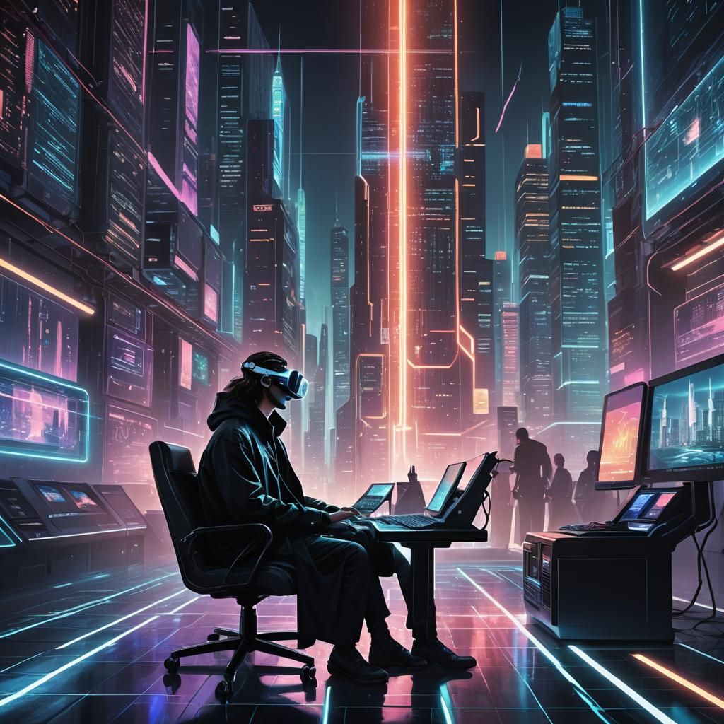 Neon Hacker in Futuristic Cyberpunk Cityscape