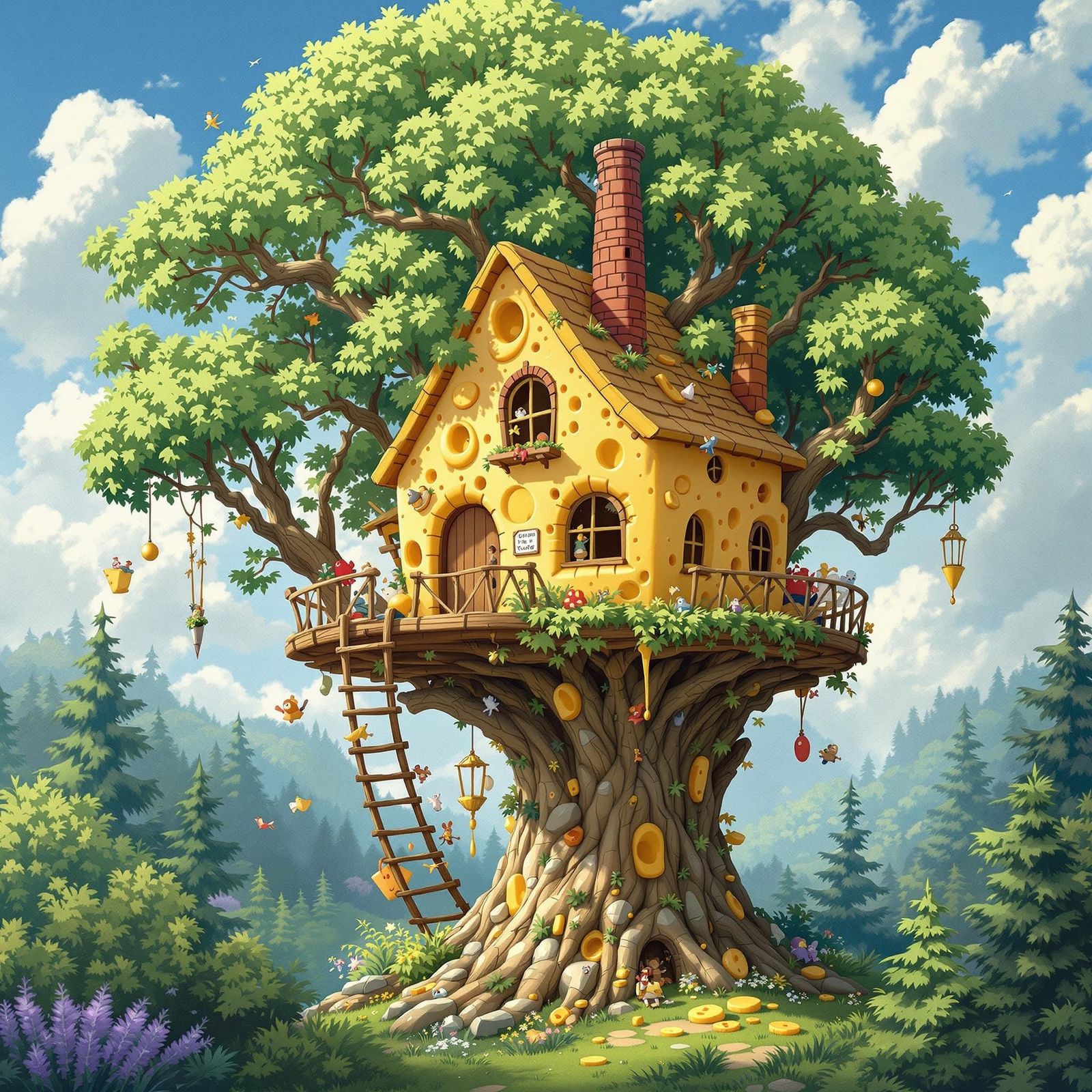 Whimsical Cheese Treehouse in a Fantastical Forest
