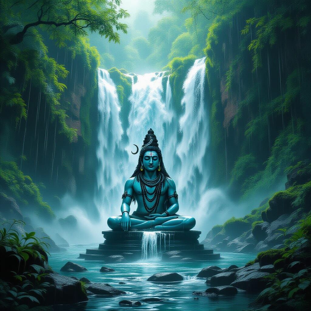 Shiva Linga Under Waterfall in Lush Forest