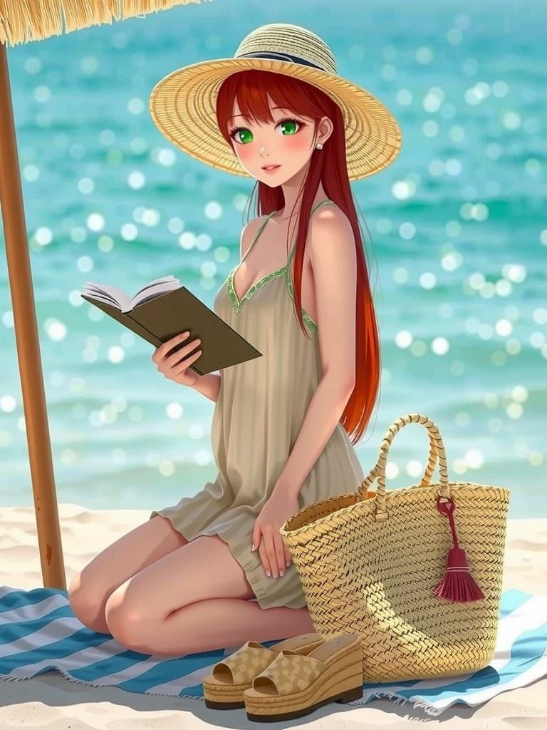 Surreal Summer Goddess Reads by the Ocean in Hyper Realistic...