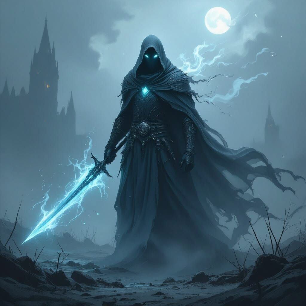 Spectral Warrior on Moonlit Battlefield in Dark Fantasy Styl...