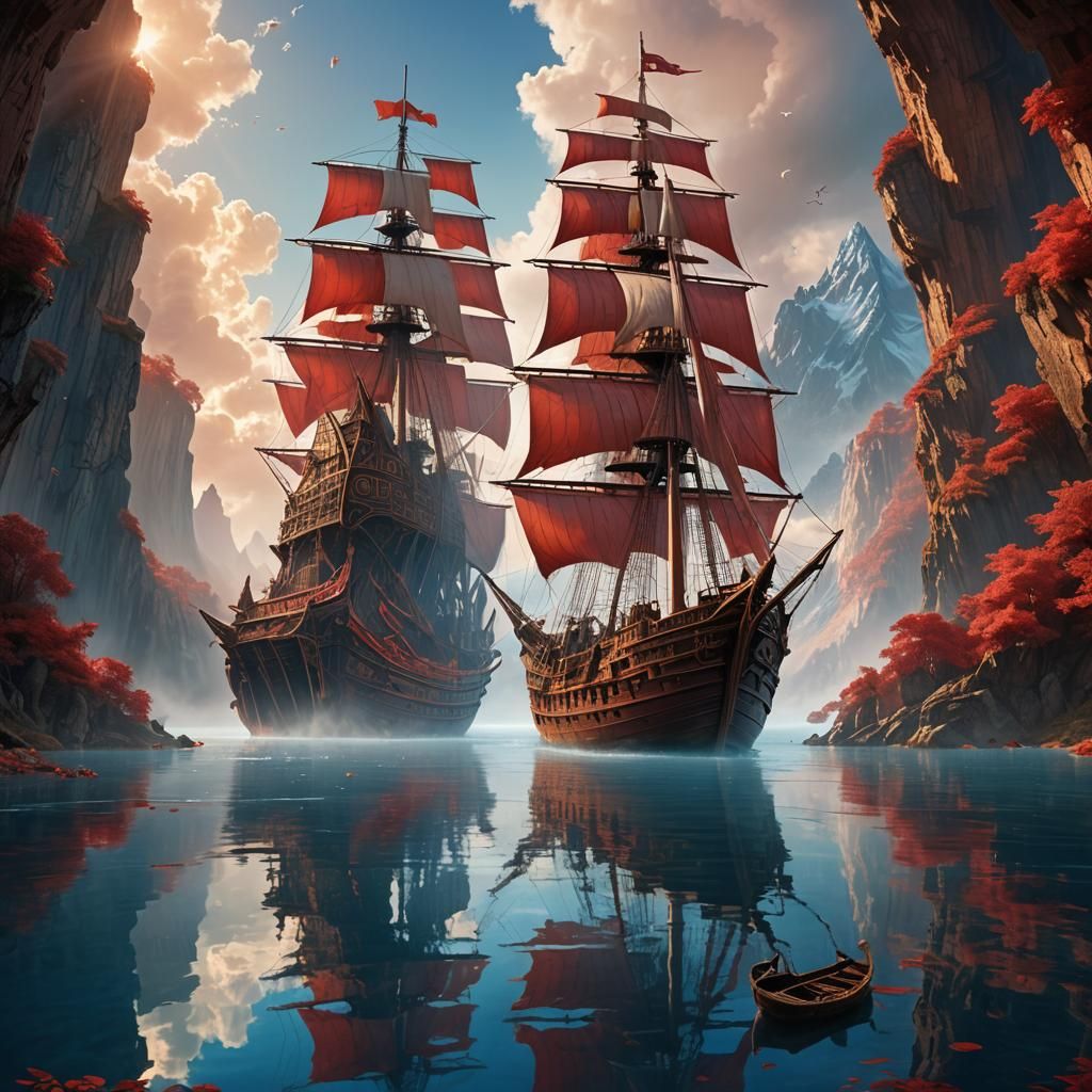 Majestic Ship on Blue Lake: Fantasy Matte Painting