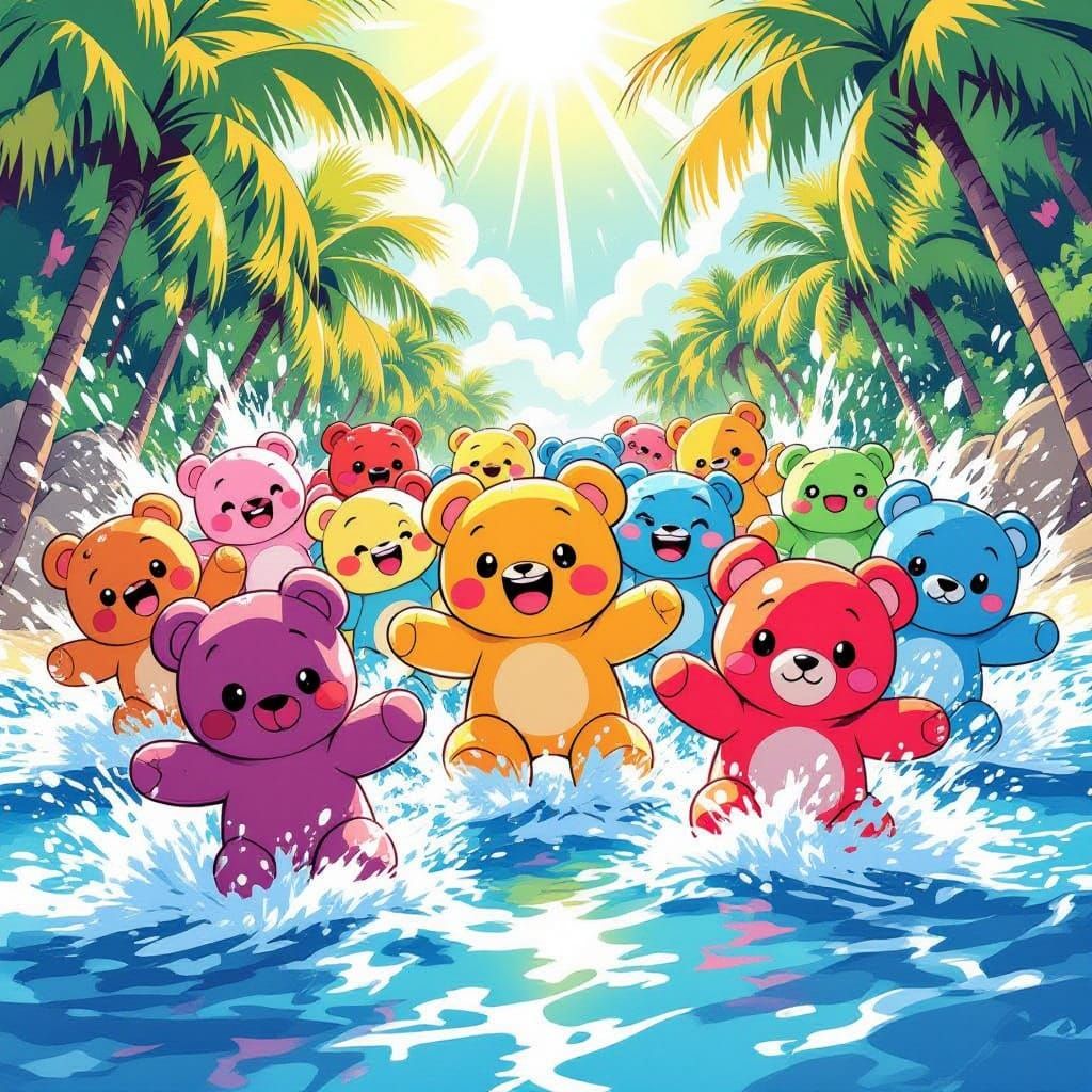 Plushie Horde Attacks in Vibrant Summer Water Comic Style