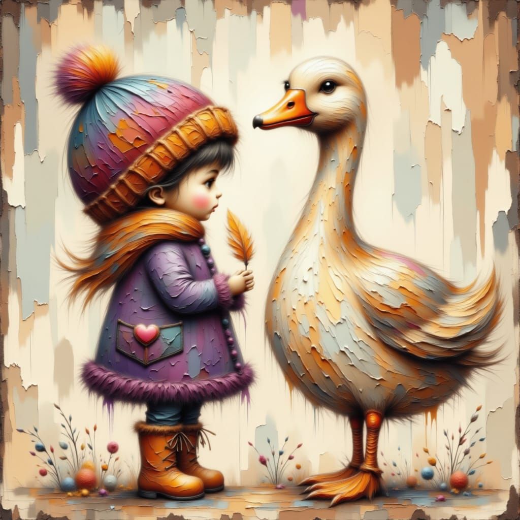 Child and Goose in Textured Painted Style