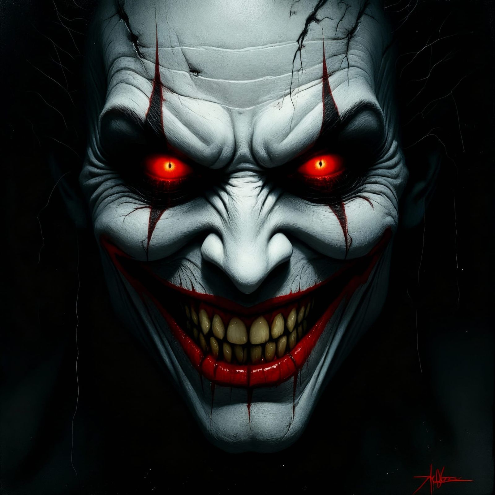 Terrifying Horror Character with Sinister Smile and Red Eyes...