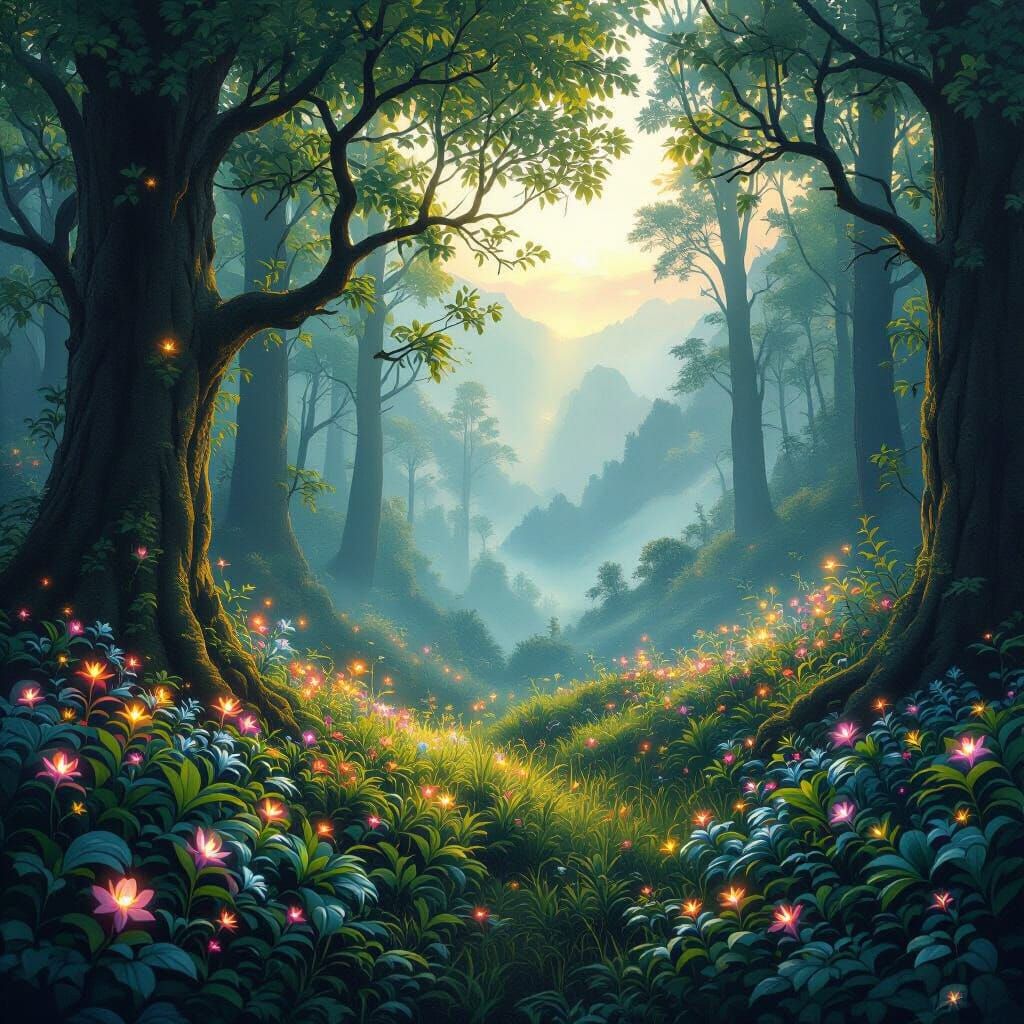 Magical Forest Scene with Glowing Flora