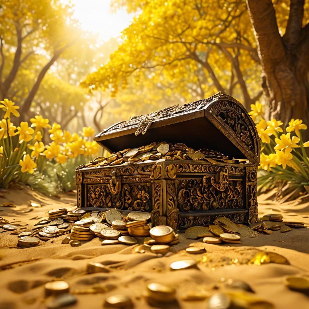 Antique Chest Overflowing with Gold Coins