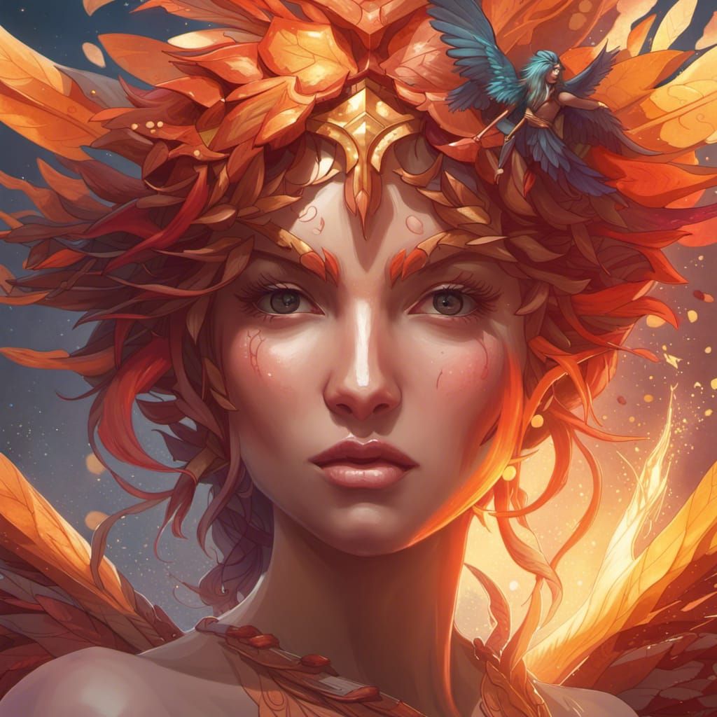 Detailed Phoenix Fairy Portrait in Art Nouveau Style